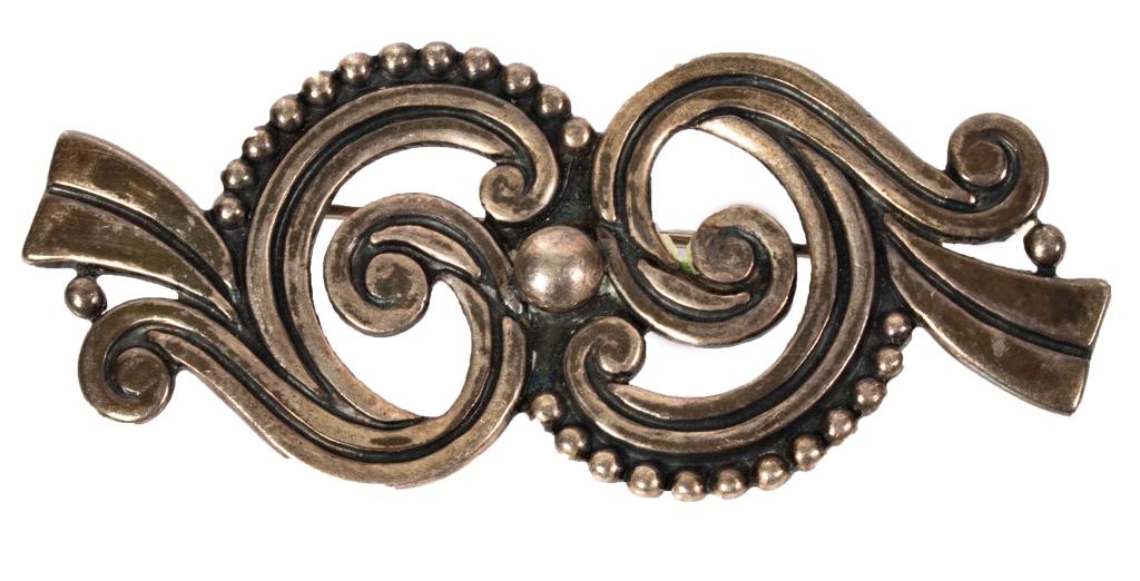 Los Castillo Taxco Mexico Sterling Brooch: Item/Description: Fabulous, early Los Castillo Sterling Silver open scroll pin in Sterling Silver. Stylized design, ball accents, oxidized background. Masterful craftsmanship. Roll over c-clasp. Hallm