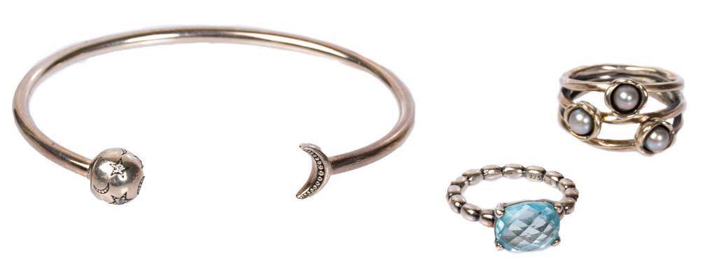Pandora ALE Sterling 3 Piece Retired Jewelry Lot: Item/Description: A trio of signed Pandora Sterling Silver jewelry from the same Estate includes a cuff bracelet and two rings. All retired pieces. The open cuff has celestial motifs on either end: a 