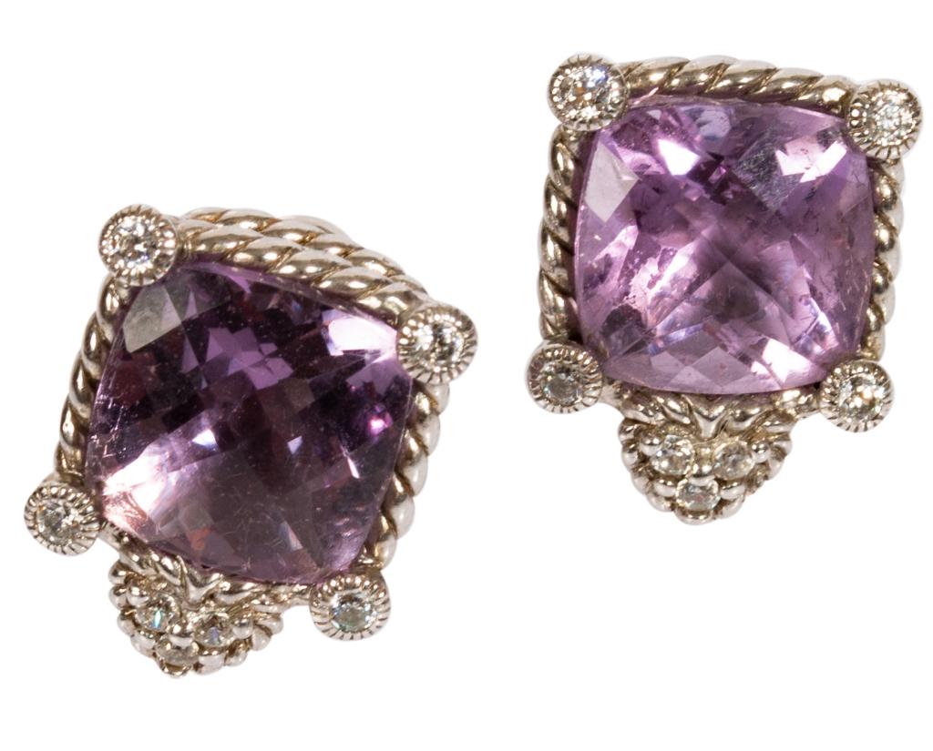 Judith Ripka Purple Amethyst Sterling Earrings: Item/Description: Signed, designer Judith Ripka amethyst gemstone earrings. Part of the Judith Ripka Sterling Collection. Fashioned from Sterling Silver and set with square, beautifully faceted, purpl