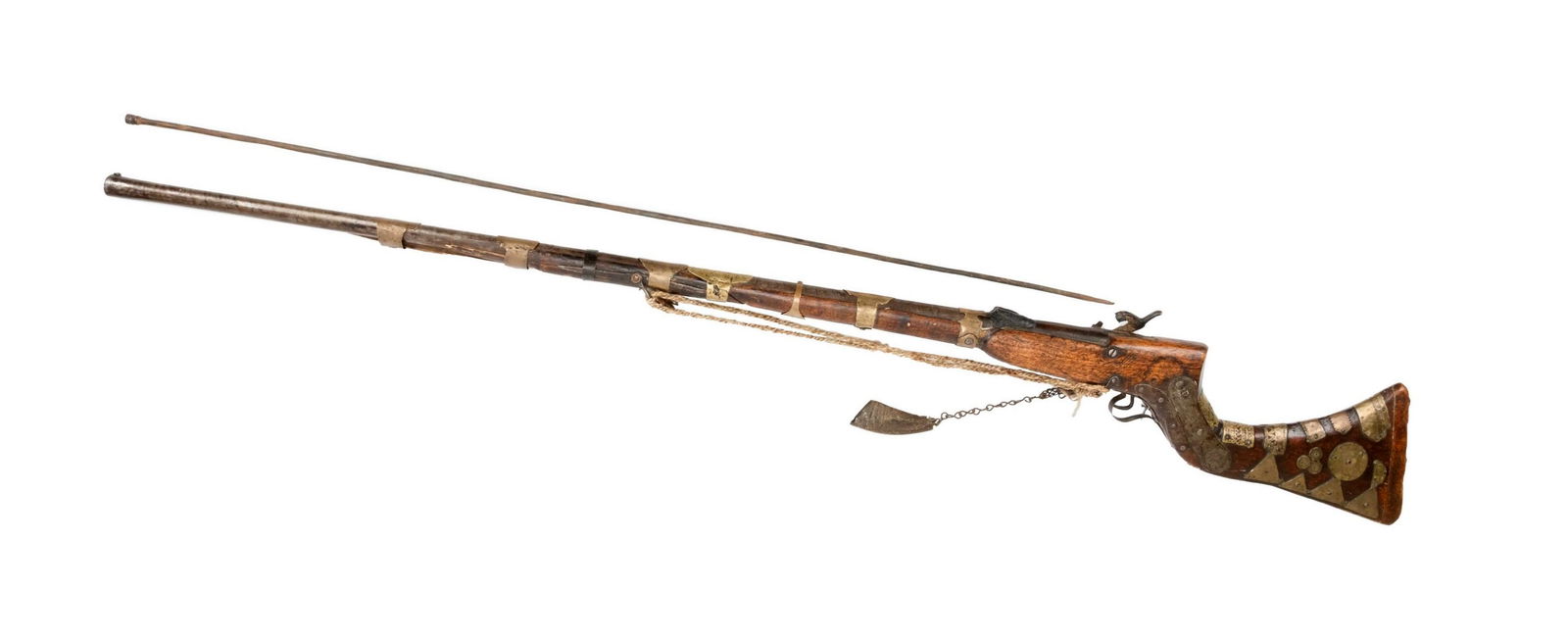 19th C. Afghan Jezail Flintlock Musket: Item/Description: Middle Eastern flintlock long arm rifle. Embossed brass mounts. Retains its ramrod and has a small horn powder flask attached. (South Asia, Middle East, Pashtun Tribesmen, Personal W