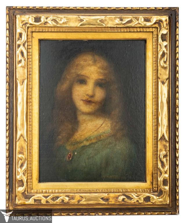 E. S. Hamilton Portrait of Woman Oil on Board: Item/Description: Antique oil on board portrait painting of a fair haired beauty with a jeweled necklace. Intently staring at the viewer. Dreamy soft image. Signed by artist lower right: E.S. Hamilton