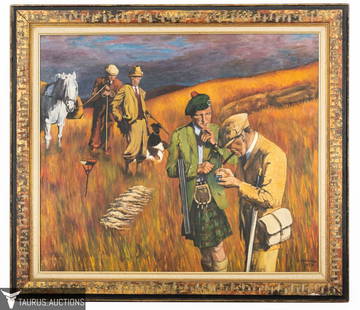 J. O'Connor - After Howard A. Terpning: Item/Description: J. O'Connor Scottish Hunting Scene. After Howard A. Terpning (b. 1927) A Pause in the Hunt, 1967. The original was also titled "Grouse Shoot in Argyll," this painting of gentlemen ta