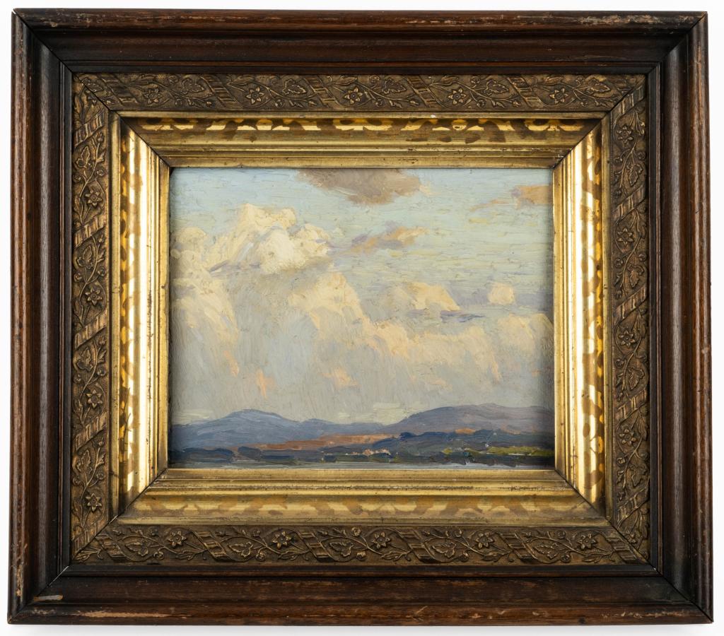 Original Mountainscape Oil Painting- Framed: Item/Description: Antique oil painting of mountainscape under blue sky; billowing clouds. Impasto broad brush strokes, bright pastel colors. Unknown artist. No noticeable signature. Set into gilt wood