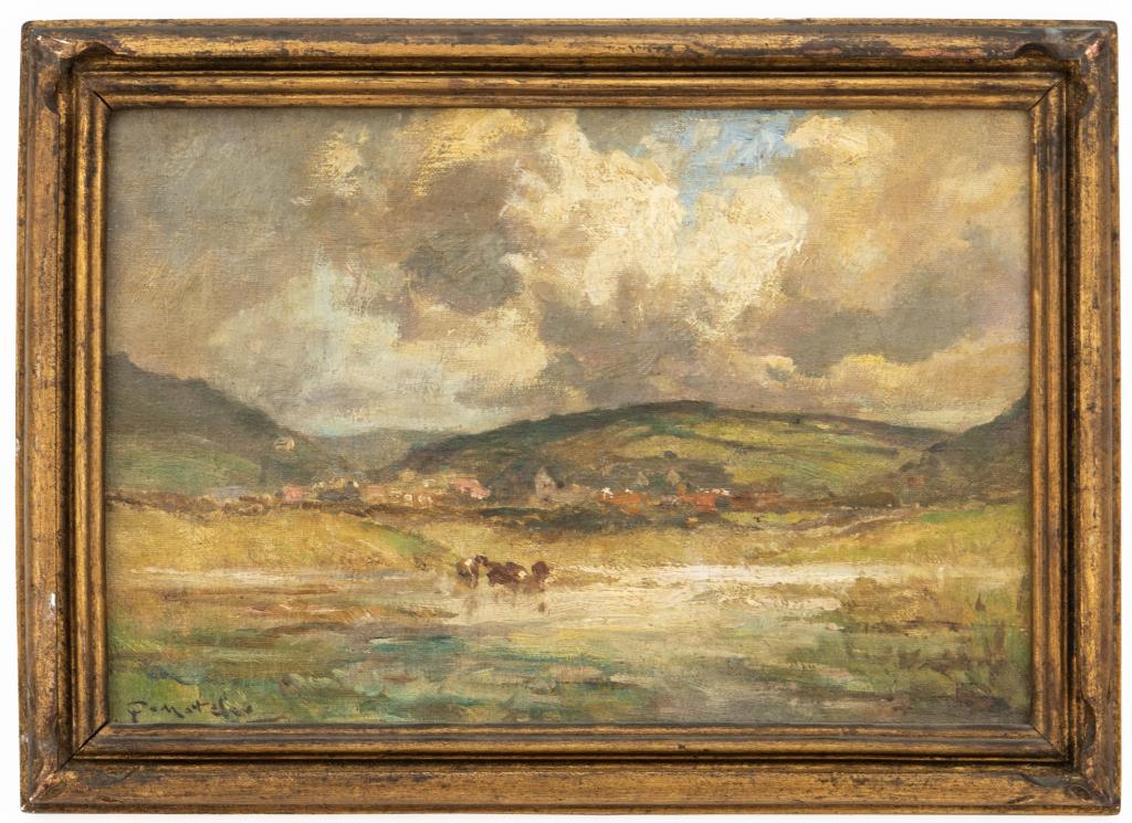 Lake Gura, Romania - Signed Oil Painting: Item/Description: Original oil painting of Lake Gura, Romania. Soft hues. Thick brush strokes. Impressionist style. Bucolic image of lake, grazing cattle, hills and village in background, under a clou