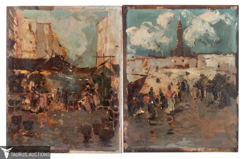 Pair of Middle Eastern Market Scene Oil Paintings (1 of 9)