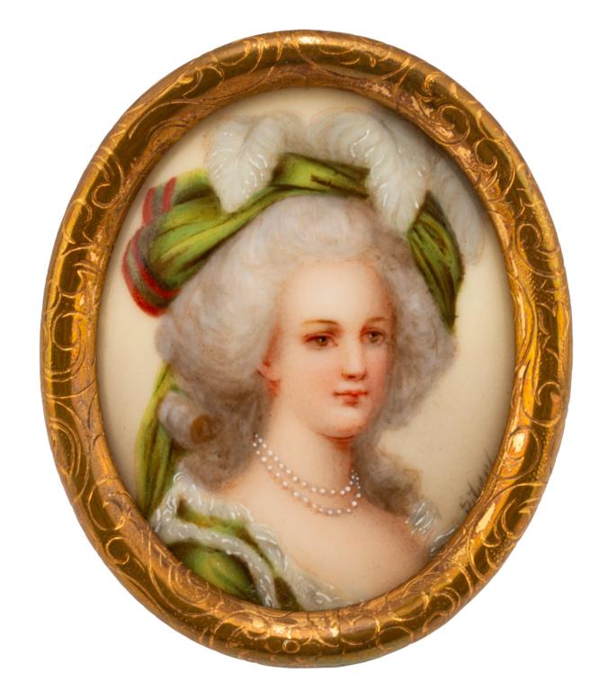 Marie Antoinette, Miniature Portrait Painting: Item/Description: Signed oval portrait of Marie Antoinette on porcelain. Gilt frame. Number "65" incised in back of porcelain. Signed lower right. Unknown artist, illegible signature. (Limoges) Materi