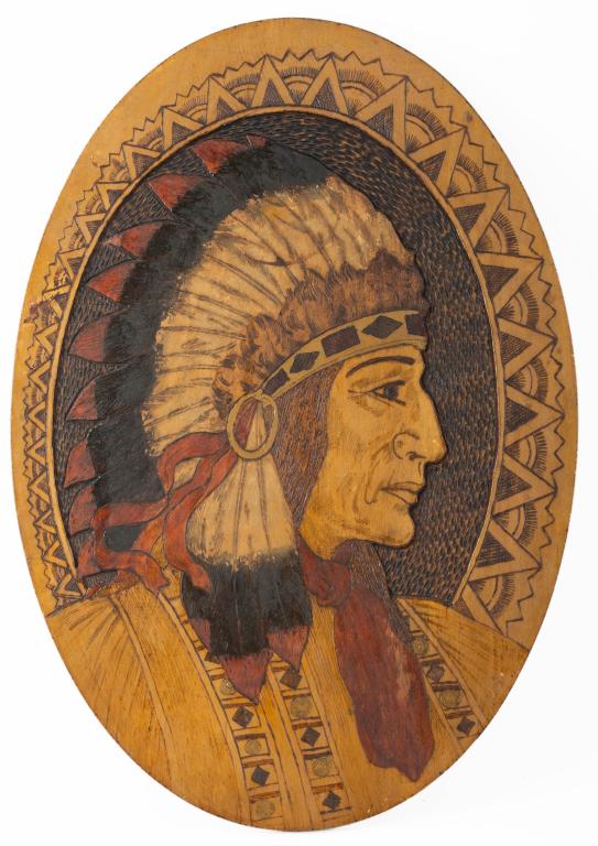 Flemish Art Pyrography Plaque, Native American (1 of 6)