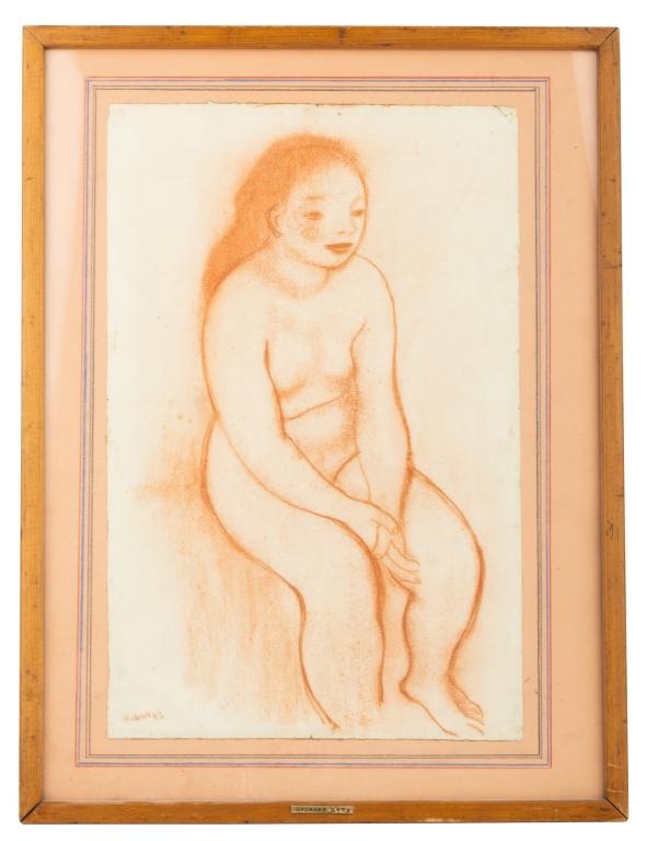 George Kars, Sanguine Sketch of Seated Female Nude: Item/Description: Original, signed and dated, sepia sketch on paper, 1926, George Kars (Czechoslovakian, 1882-1945). Material: Drawing on paper, framed under glass Dimensions: Image size: Height: 19";