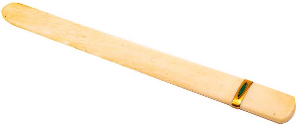 19th Century 14K Gold Jeweled Paper Cutter: Item/Description: Handmade 19th Century paper cutter fashioned from ox bone and embellished with a 14K gold band and glowing green chalcedony gemstone. Beautiful workmanship. Unusual length. Hallmarke