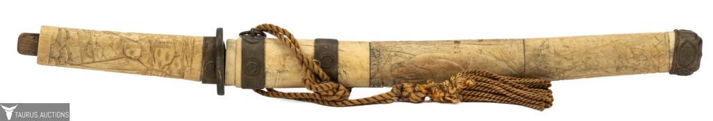 Carved Japanese Short Sword & Sheath: Item/Description: Short sword with intricately carved ox bone handle and sheath. Figural details. Bronze, brass mounts / bindings. (Tanto Short Sword) Material: Metal, ox bone Dimensions: Length: 18";