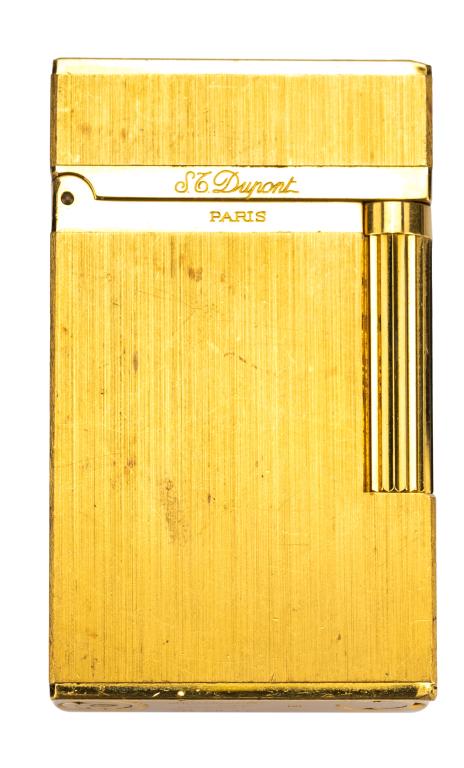 S. T. Dupont Gold Plated Briquet Gas Lighter: Item/Description: Luxury French S.T. Dupont briquette rolator cigarette lighter. Sleek design in brushed satin finish with shiny gold trim. Hinged flip top lid. Marked: S.T. Dupont, Paris, Made in Fra