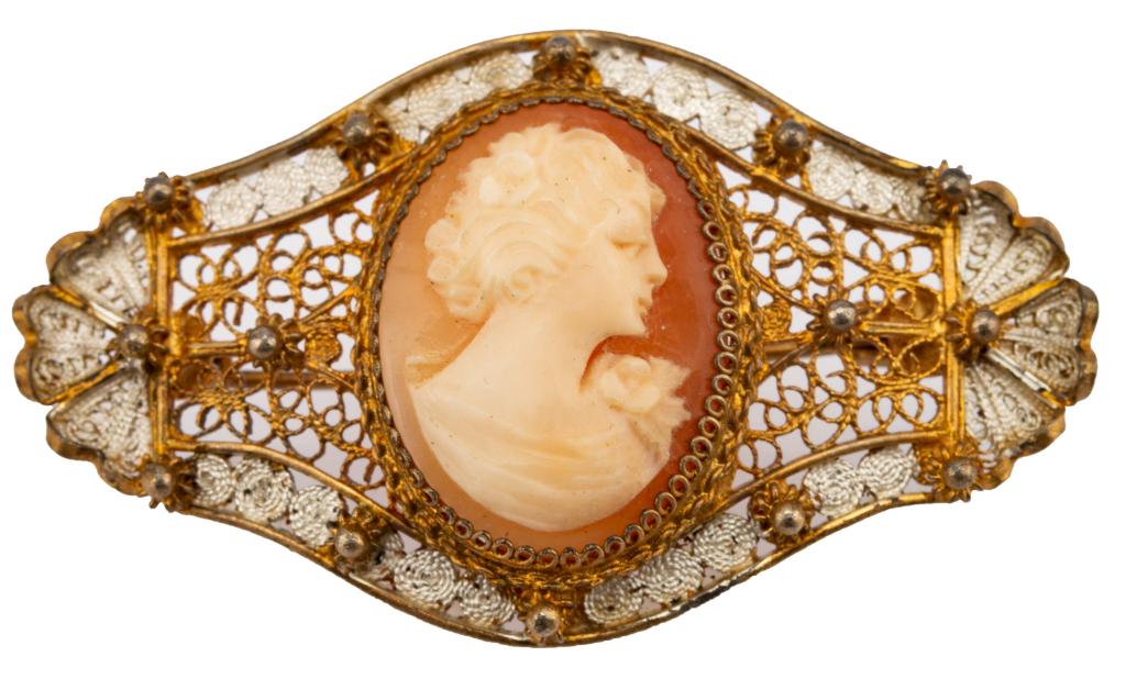 Italian Gilt Wash Silver Filigree Cameo Brooch (1 of 6)