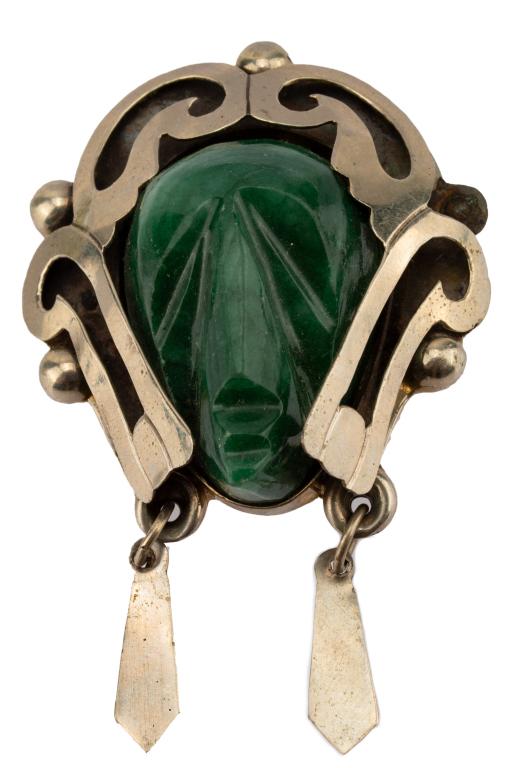 Mexican Silver Carved Jadeite Mask Pin Pendant (1 of 6)