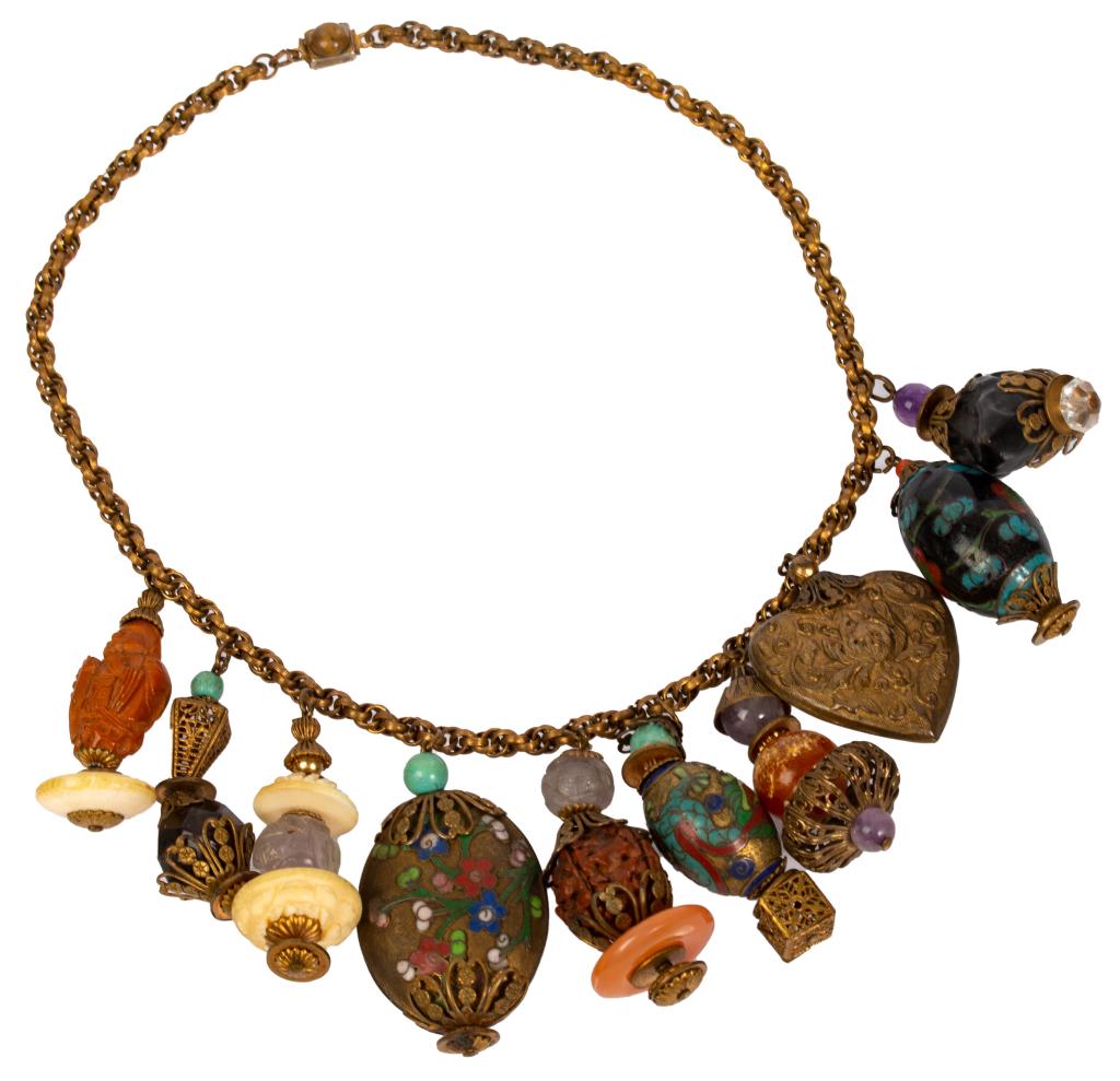 Antique Chinese Charms Choker Necklace: Item/Description: Unique Chinese hand-crafted charm necklace. Fanciful, colorful and decorative. Brass colored mixed metal rope chain suspends ten, ornate multi-component dangling charms including clo