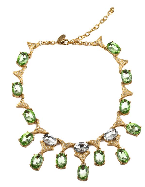 Signed Scaasi Jeweled Collar Bib Necklace: Item/Description: Fabulous designer, signed Scassi runway bib necklace. Exquisitely crafted in shiny gold-tone metal. Basket settings hold quality peridot and clear glass foil-backed gemstones, beauti