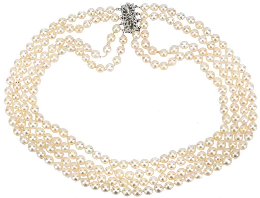 Antique 14K Four Strand Graduated Pearl Choker: Item/Description: Beautiful, antique belle epoque style pearl choker necklace. Four graduated strands of lustrous white 5.5mm pearls, hand-knotted. Filigree ornate tongue-in groove box clasp. Hallmark