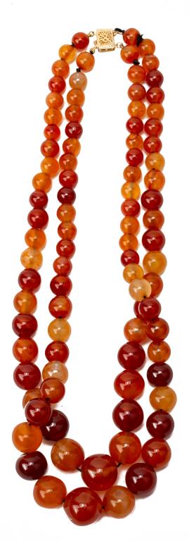 14K PJs Carnelian Bead Choker Necklace: Item/Description: Beautiful double strand carnelian bead necklace. Glossy carnelian stone beads in shades of orange, peach, marmalade. Strung on black thread. No knots. 14K Gold filigree box clasp. Ha