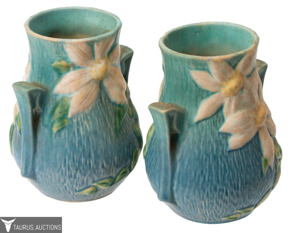 Pair Roseville Pottery Blue Clematis Vases 103-6 (1 of 13)