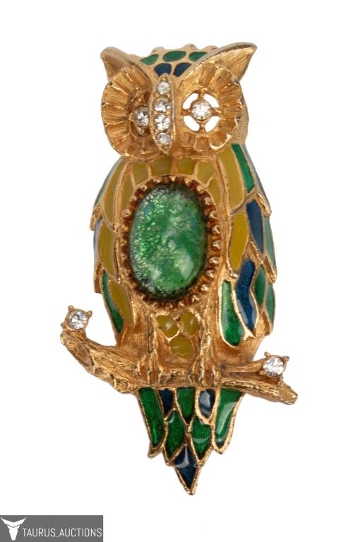 Florenza Gold Tone Enamel Jeweled Owl Brooch (1 of 8)