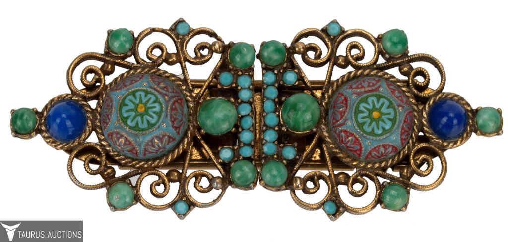 Victorian Revival Jeweled Glass Brass Brooch (1 of 6)