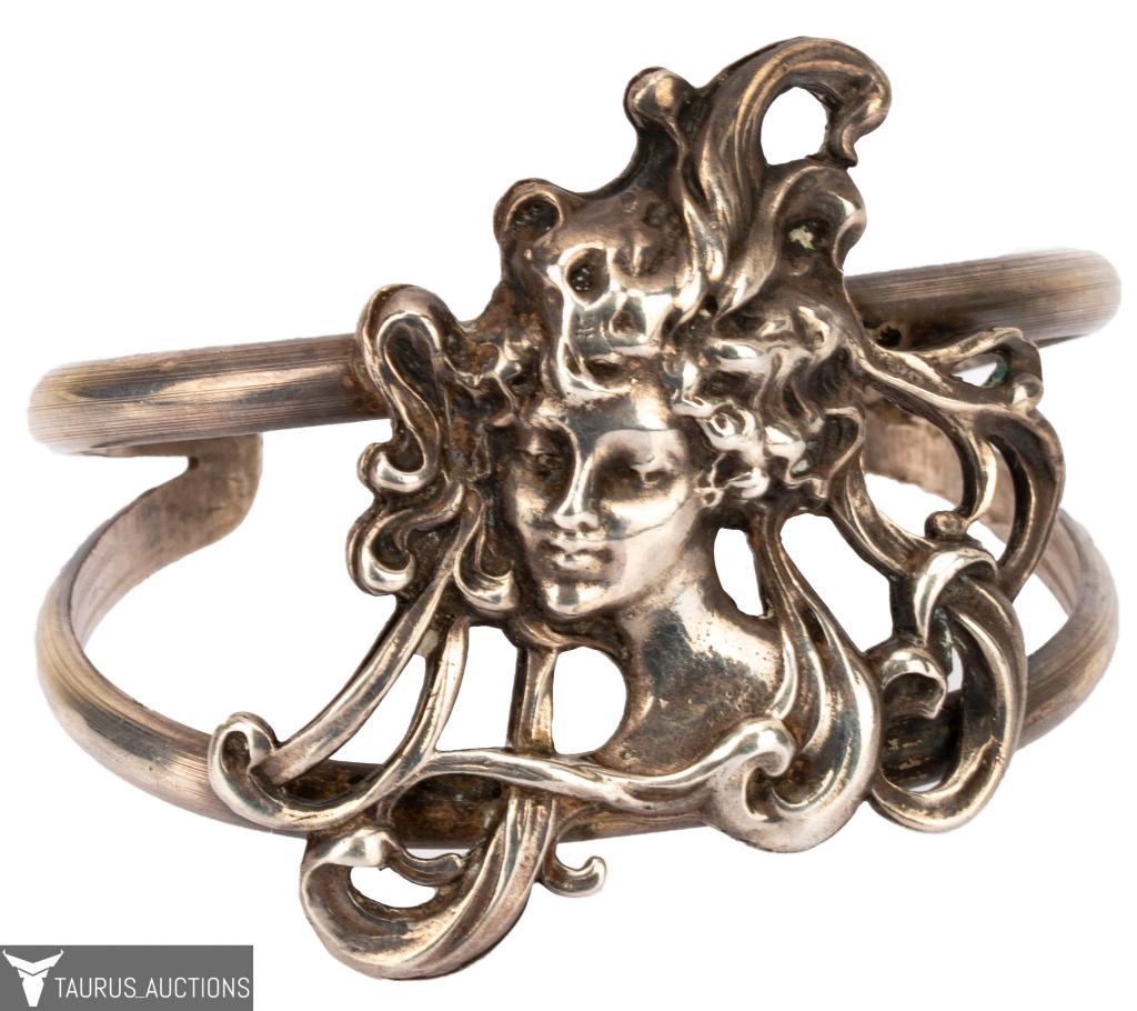 Signed Art Nouveau Style Sterling Cuff Bracelet (1 of 6)