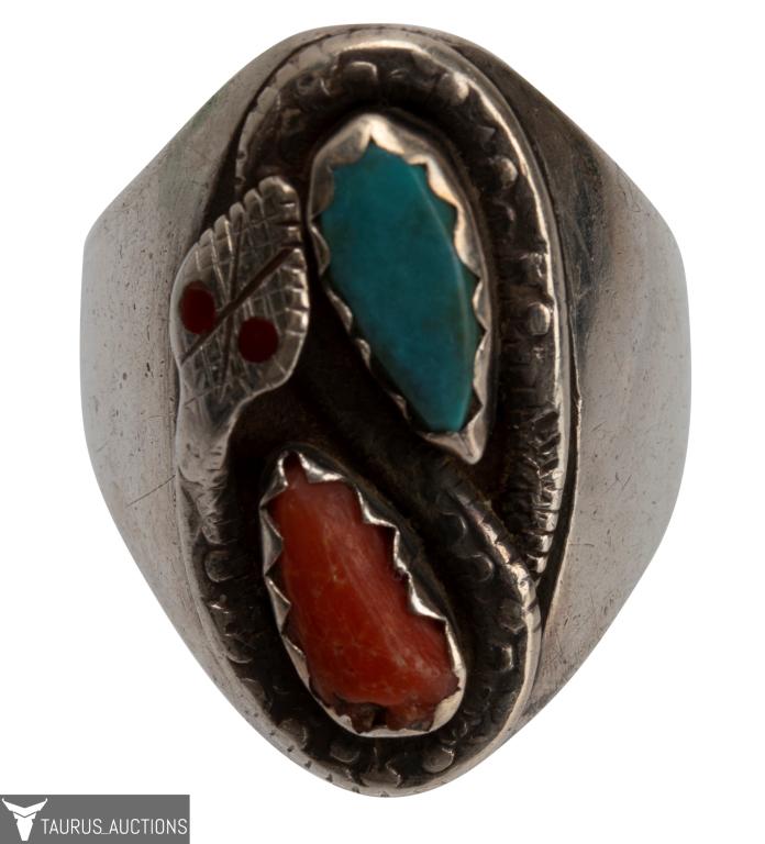 Southwestern Coral Turquoise Silver Snake Ring (1 of 5)