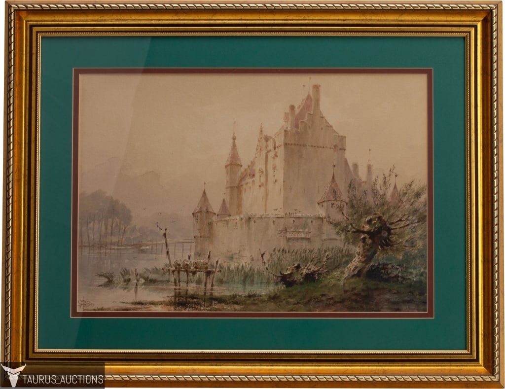 Lakeside Castle Landscape Watercolor Painting (1 of 6)