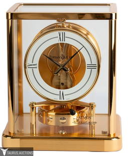 Tiffany & Co. Jaegar LeCoultre Atmos Clock: Item/Description: Jaeger LeCoultre for Tiffany & Co., fine brass case with glass panel windows. 13 jewel, model number 540, serial no. 674561. Base marked: Cal. 540 / Jaegar-Le Coultre / Swiss Made /