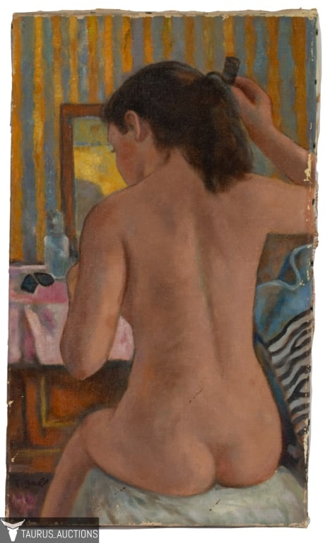 Francois Gall (1912 -1987) Nude Oil Painting: Item/Description: Francois Gall (France, Hungary, 1912 -1987) Figural, interior oil painting features a nude girl seated in front of mirror styling her hair. Signed lower left: F. Gall. Francois Gall,