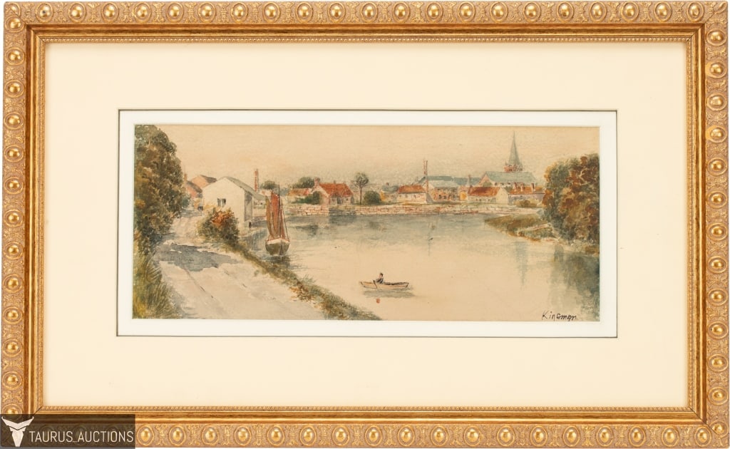 Dong Kingman, Watercolor Lake Rowboat Village (1 of 7)