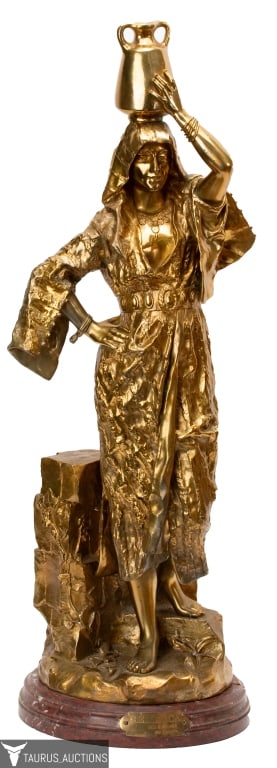 After Gaston Leroux, Rebecca Gilt Bronze Sculpture: Item/Description: Gilt bronze sculpture on a rouge marble base. Signed in 'G. Leroux'. Rebecca (Jeune fille Arabe). Plaque mounted to marble reads: REBECCA PAR G. LEROUX 3tme Medaille. Gaston Vuvenot 