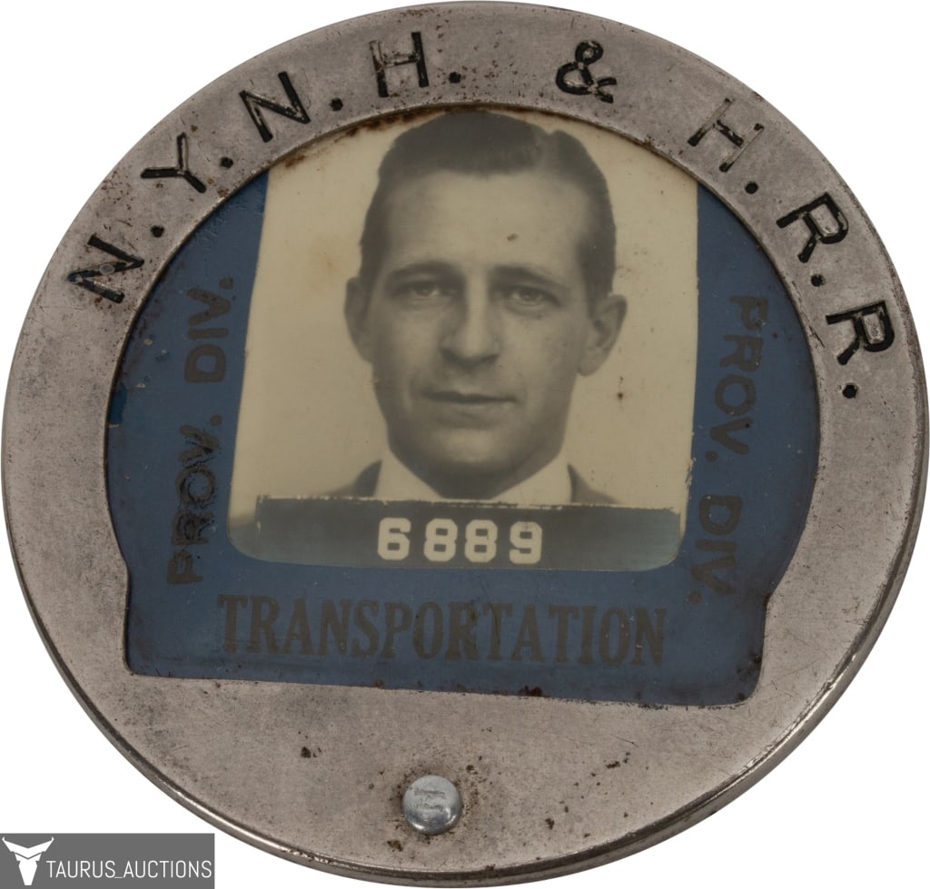 NYNH & HRR Railroad ID Badge Button: Item/Description: Railroad Employee Photo ID Badge. New Haven & Hartford Railroad (N.Y.N.H. & H. R.R.) Transportation, Prov. Div. badge. Numbered 6889. Marked Whitehead-Hoag on reverse. (Photographic 