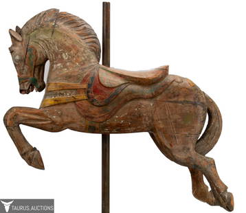 Painted Antique Carousel Horse: Item/Description: Painted and carved wooden Carousel Horse with wood base and post. Unknown maker, no noticeable markers marks. Remnants of original paint. (American Folk Art, Circus, Merry-Go-Round,