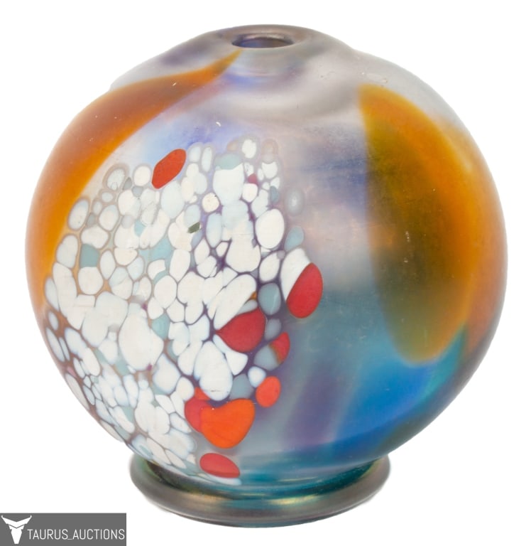 Kosta Boda B. Vallien Atelji Art Glass Paperweight: Item/Description: Signed Bertil Vallien Dichroic Ball Kosta Boda art glass paperweight. Swirls, paint spatters. Etched hallmark: Boda, B. Vallien Atelji 156. Material: Glass Dimensions: Height: 4 3/4"