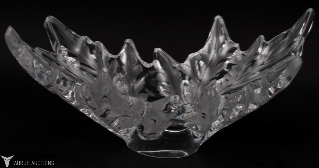 Lalique Champs Elysees Centerpiece Bowl: Item/Description: Large signed Lalique frosted crystal leaf Jardiniere / bowl in the Art Nouveau style. Designed by Marc Lalique in 1951. The spectacular rows of trees lining the Champs-Elysees in Par