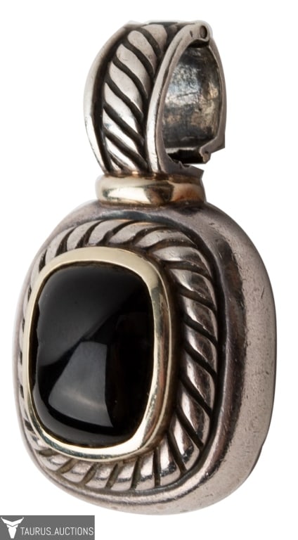 David Yurman 14K Sterling Onyx Albion Pendant: Item/Description: Signed David Yurman albion pendant enhancer charm. Finely crafted from Sterling Silver with 14K accent. Bezel set with a rectangular cabochon polished onyx. Hinged bale. Hallmarked 9
