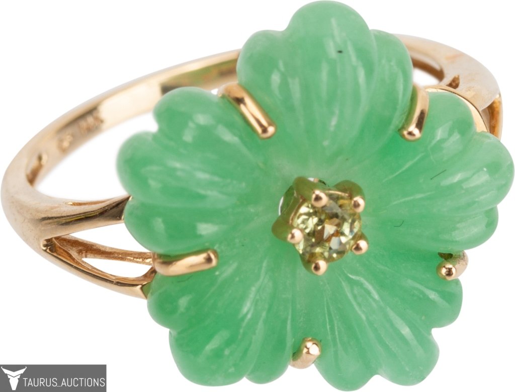 14K Chinese Carved Jade Peridot Ring - Size 7 3/4 (1 of 7)