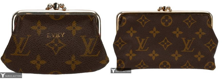 Louis Vuitton Monogram Kisslock & Coin Purse Lot: Item/Description: Luxury designer Louis Vuitton brown monogram vintage kisslock pouch and personalized coin purse lot. Made for Saks Fifth Avenue and gifted to the original owner as birthday presents.