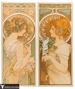 Alphonse Mucha - La Primevere & Le Plume: Item/Description: Two exquisite original Art Nouveau color lithographs, Plume & Primevere, 1899, by Alphonse Mucha (Czech 1860-1939). Both with printed signature. These are not adhered to any type of