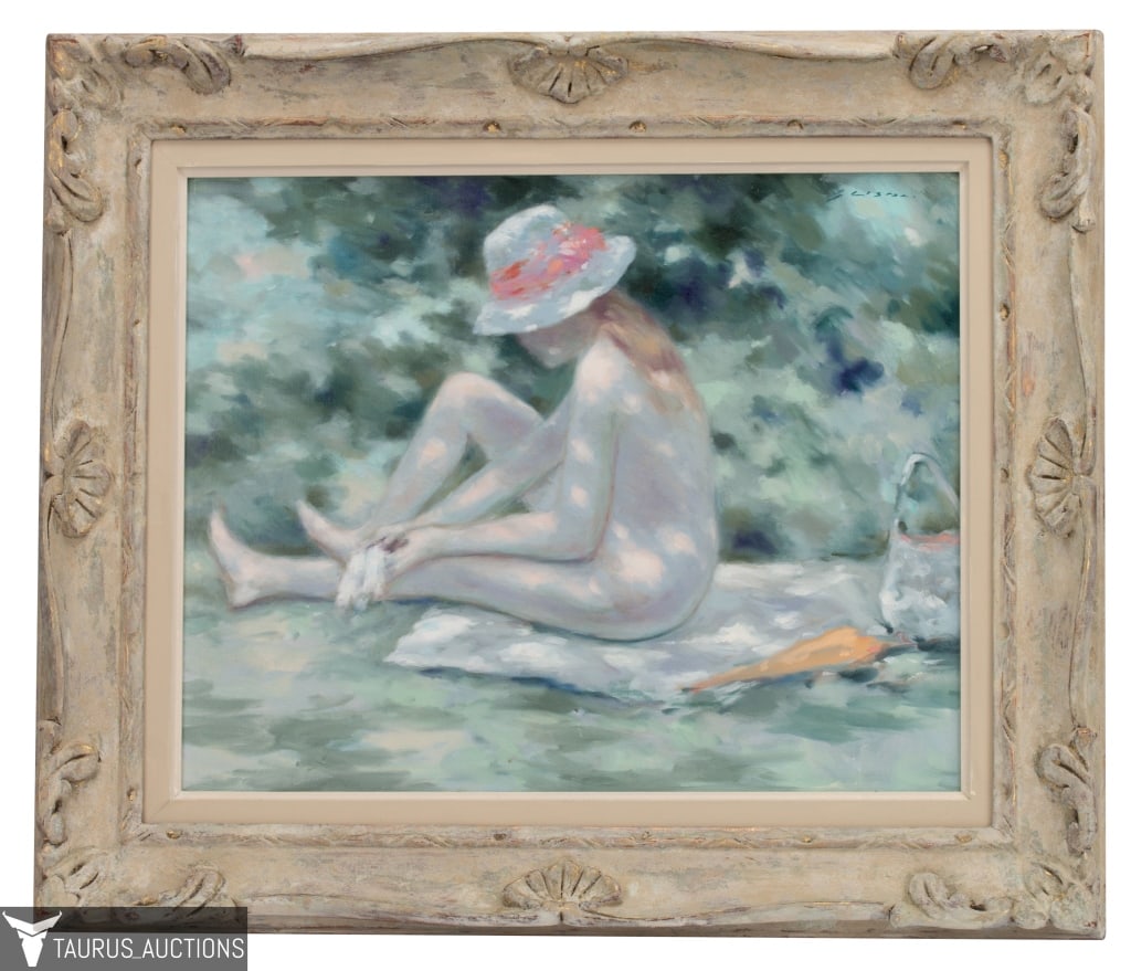 Andre Gisson - Impressionist Nude Oil Painting: Item/Description: Original oil painting depicts a girl in a park, Sitting on a blanket in the grass, she is bathed in shadows from the above trees. The only distinguishable clothing is her hat. Signed