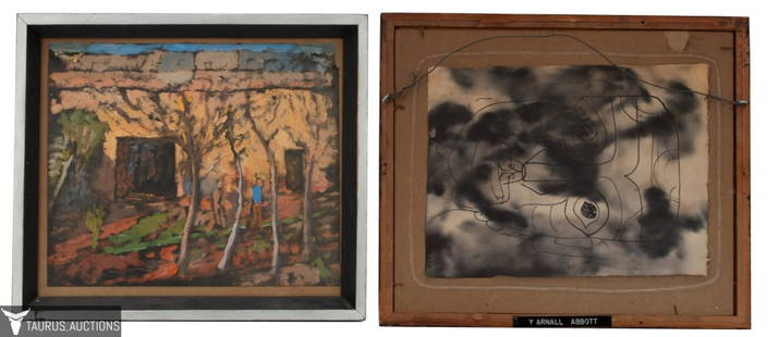 Yarnall Abbott Impressionist Village Scene: Item/Description: Original, colorful village scene features impressionistic view of figures walking near adobe house, leafless trees in the foreground. No visible signature. Artist name label on frame