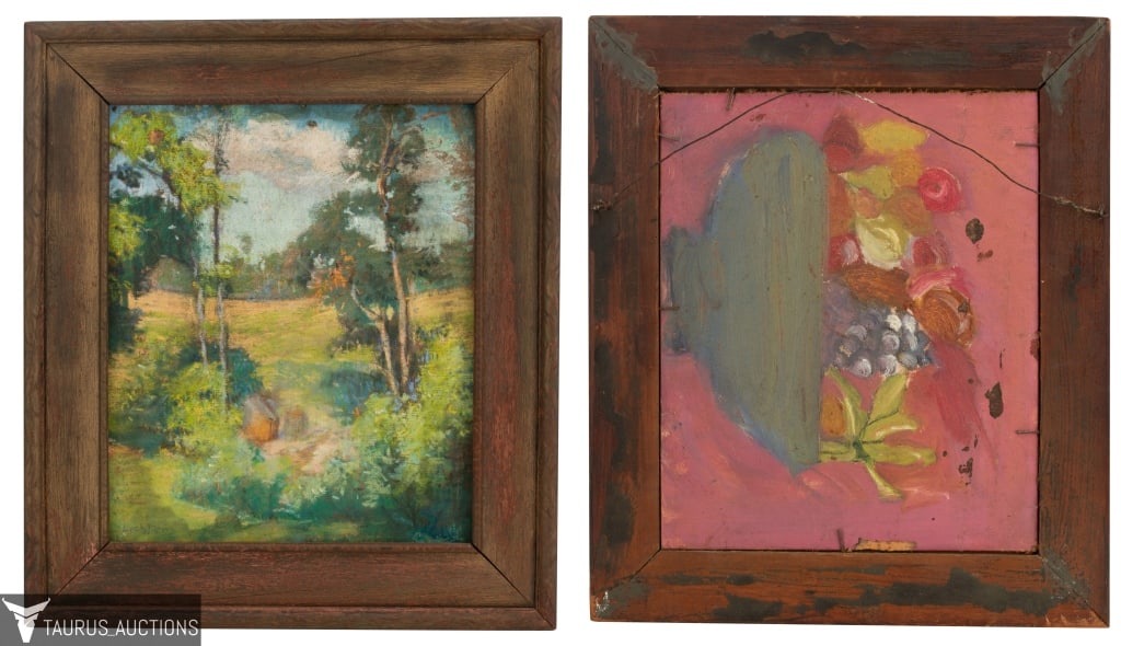 Frances Lichten - Impressionist Landscape: Item/Description: Original landscape scene oil painting. Signed lower left: F. Lichten. Painted distressed wood frame. Original nails and hanging hardware. Adhered to back is an unsigned painting of a