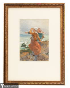 John Absolon Watercolor - On the Beach Rocks: Item/Description: Signed watercolor by 19th Century British artist, John Absolon. In the style of French Impressionism / Winslow Homer, it depicts two young women standing on a cliff looking out to se