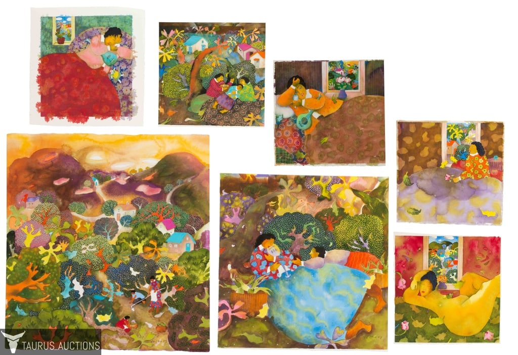 Yu Cha Pak - Grouping of Watercolor Paintings: Item/Description: Collection of seven (7) signed and dated colorful and playful watercolor wash paintings. Scenes include: Reclining Nude, Figural Landscape, Girl with Cats at Window, Figure with Mand