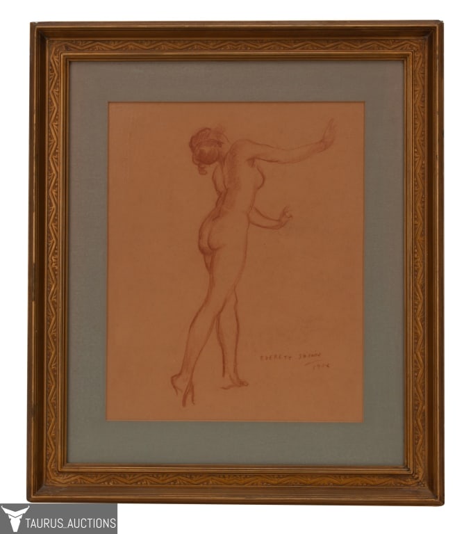 Everett Shinn - Standing Nude Drawing: Item/Description: Sanguine drawing features back view of a standing nude female figure. Signed and dated lower right: Everett Shinn 1908. Gilt wood frame. Everett Shinn (American, 1876 - 1953) was an