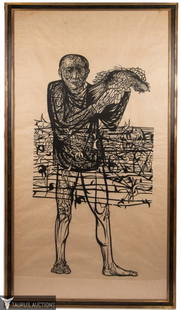 Leonard Baskin - Man of Peace Woodcut: Item/Description: Pencil signed woodcut by American artist Leonard Baskin. Man of Peace, 1952 Signed in pencil Baskin, lower right. Titled in pencil "Man of Peace" lower left. Woodcut on thin cream Ja