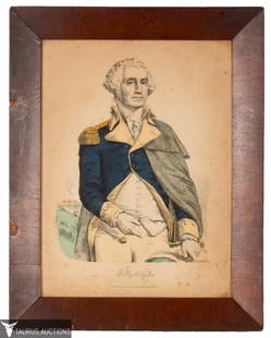 19th C Currier & Ives George Washington Litho: Item/Description: Hand colored George Washington lithograph. Published Currier & Ives, New York. Image depicts George Washington portrait, three-quarter bust, standing facing center. Blue uniform jack