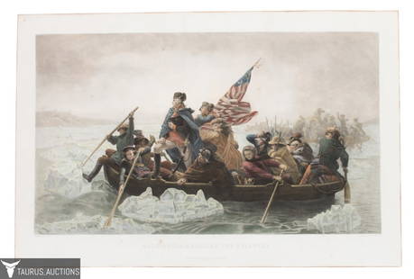 After E. Leutze - Washington Crossing Engraving: Item/Description: Colored engraving Washington Crossing the Delaware, after Emanuel Gottlieb Leutze (1816-68), engraved by Paul Girardet (1821-93), 1853. (Americana) Material: Paper Dimensions: Image