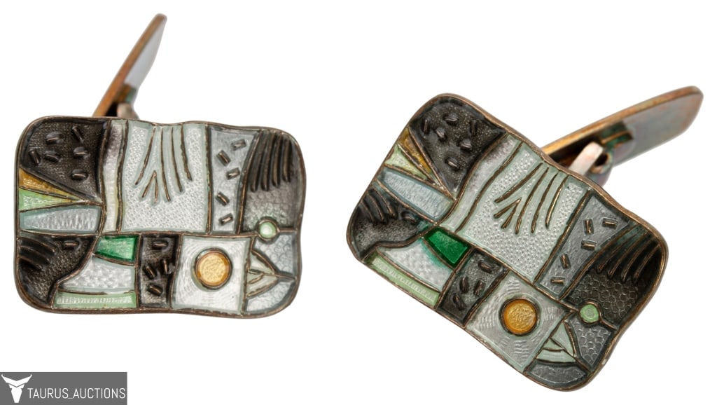 David Anderson Sterling Enamel Seasons Cufflinks: Item/Description: Mid Century Modern signed cufflinks by famed Scandinavian silversmith and designer, David Andersen (1843-1901). Gold wash vermeil over Sterling Silver. Rounded rectangular shape. Col