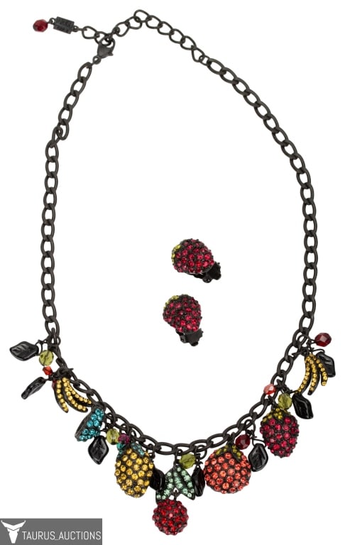Poggi Paris Jeweled Fruit Salad Parure: Item/Description: Whimsical designer, Poggi Paris multi-colored fruit salad set includes a choker and strawberry clip earrings. Jappaned metal chain adorned with colorful crystal rhinestone studded do
